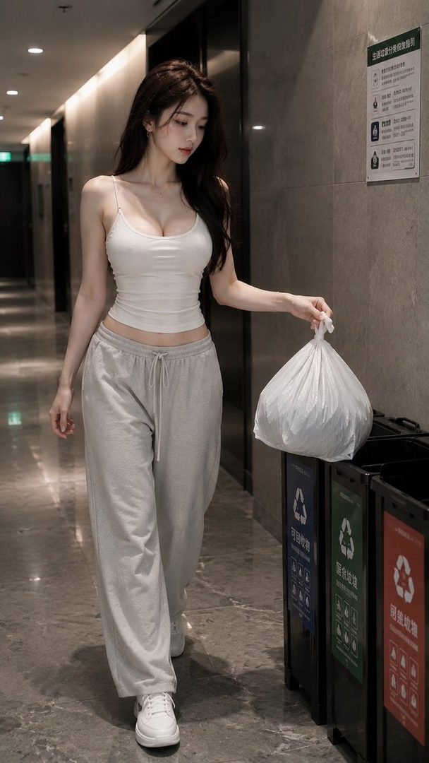 A young woman in a white tank top and gray sweatpants is walking down a hallway, holding a white trash bag.