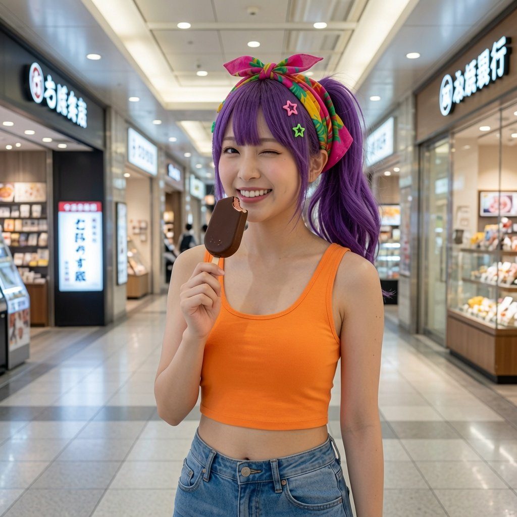 A young woman with purple hair and a colorful headband winks while holding an ice cream bar in an indoor shopping area.