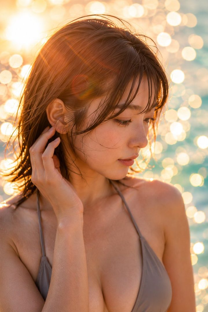 A photorealistic portrait of a woman in a swimsuit at golden hour, with sparkling water in the background.