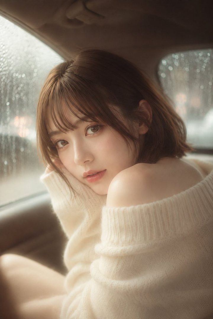 A photorealistic portrait of a young woman with short brown hair and bangs, wearing an off-the-shoulder white sweater, looking softly at the camera from inside a car on a rainy day.