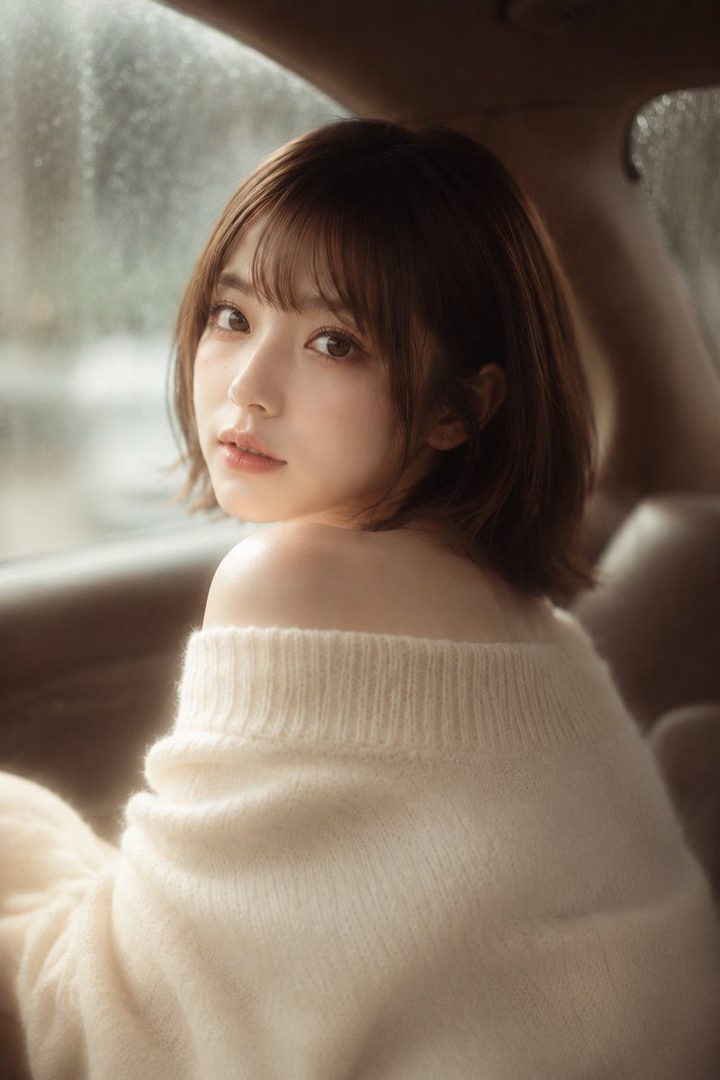 A young woman with short brown hair and bangs looks over her shoulder, wearing an off-the-shoulder cream knit top, with a blurred background suggesting she is in a car.