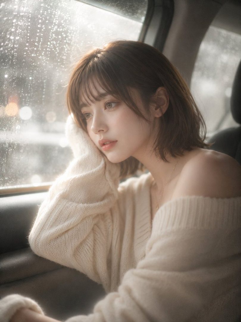 A young woman with short brown hair and bangs looks out a car window on a rainy day, wearing an off-the-shoulder knit sweater.