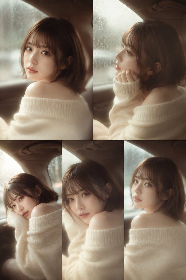 A photorealistic AI portrait of a young woman with short brown hair and bangs, wearing an off-the-shoulder knit sweater, looking out a car window on a rainy day.