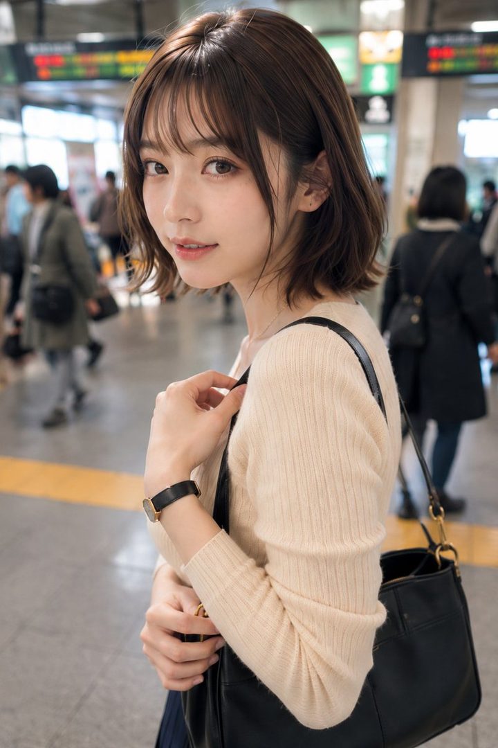 A young woman with short brown hair and bangs, wearing a light-colored knit top and carrying a black bag, looks back at the camera in a train station.