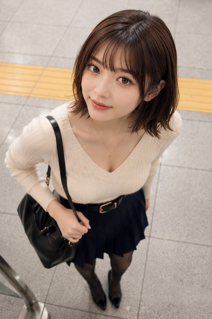 A young woman with short brown hair and bangs, wearing a cream-colored V-neck sweater and a dark pleated skirt, looks up at the camera with a gentle smile.