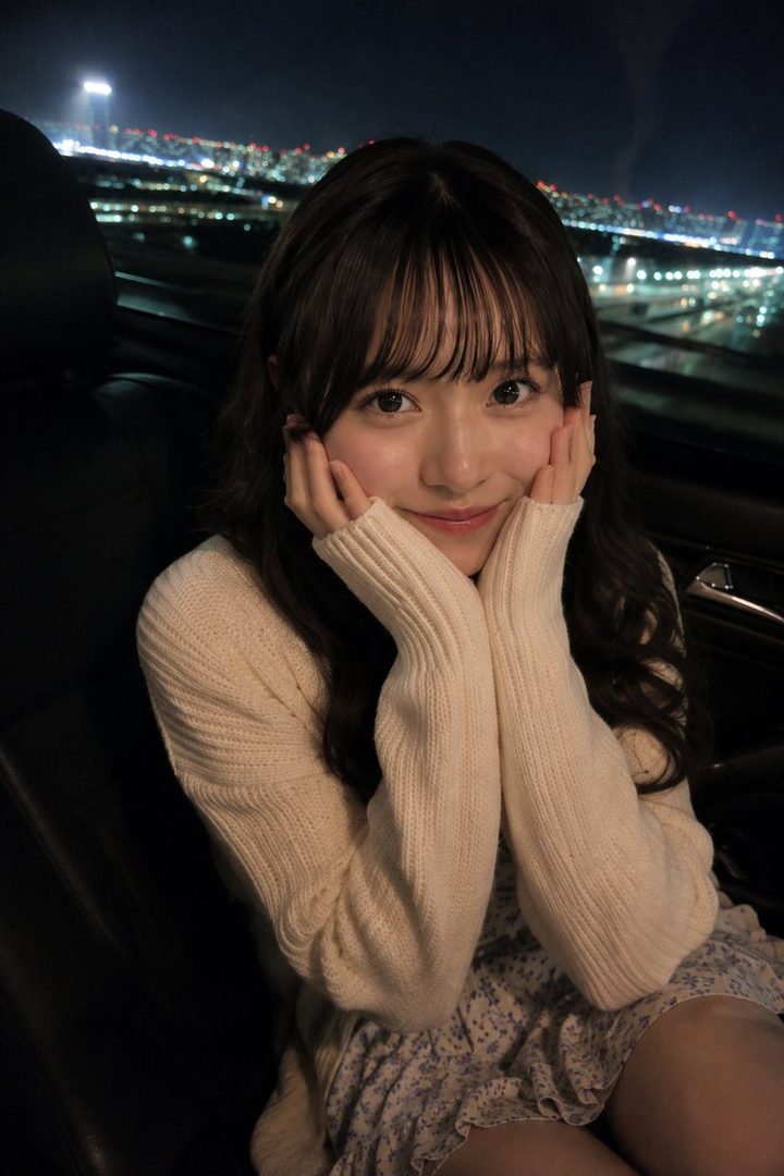 A young woman with long brown hair and bangs, wearing a light-colored sweater and a floral dress, smiles sweetly while sitting in a car at night with city lights in the background.