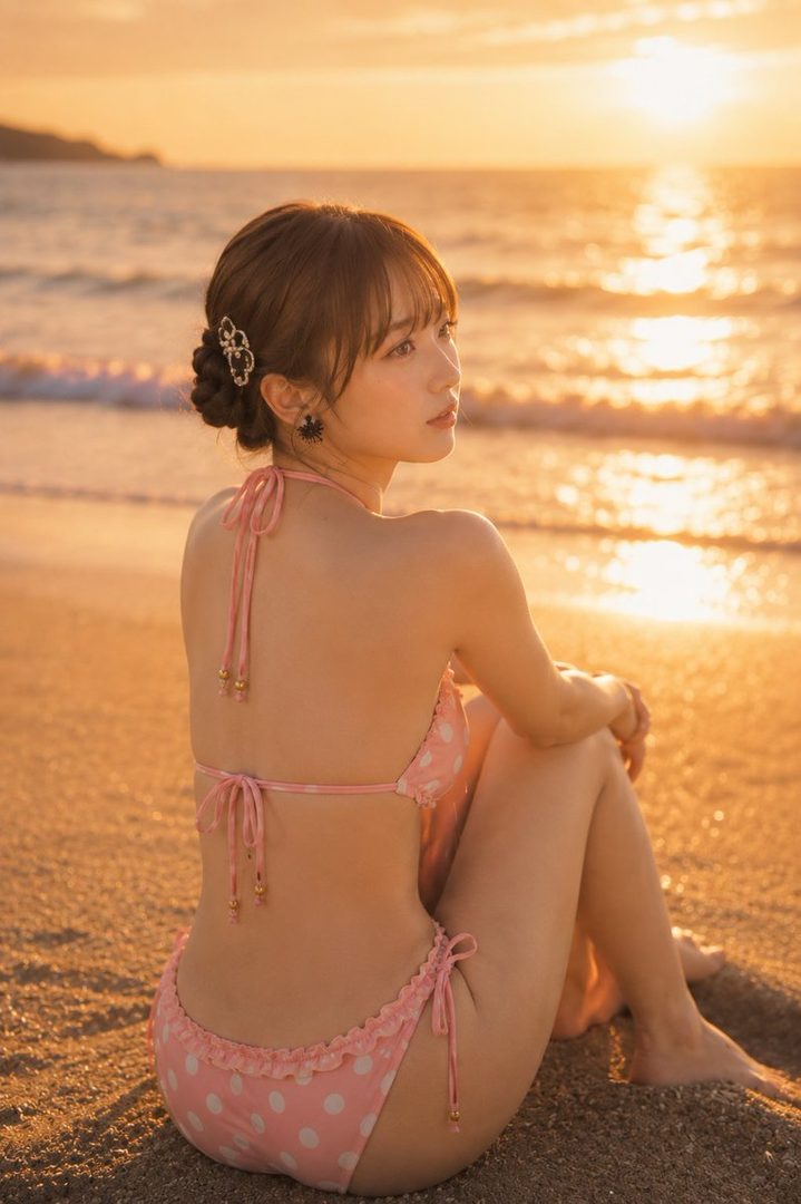 A woman in a pink polka dot bikini sits on a beach at golden hour, looking out at the ocean.