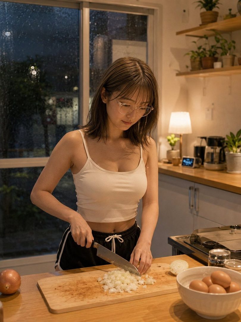 A young woman with short brown hair and glasses is chopping onions in a kitchen at night, with a window showing rain outside.