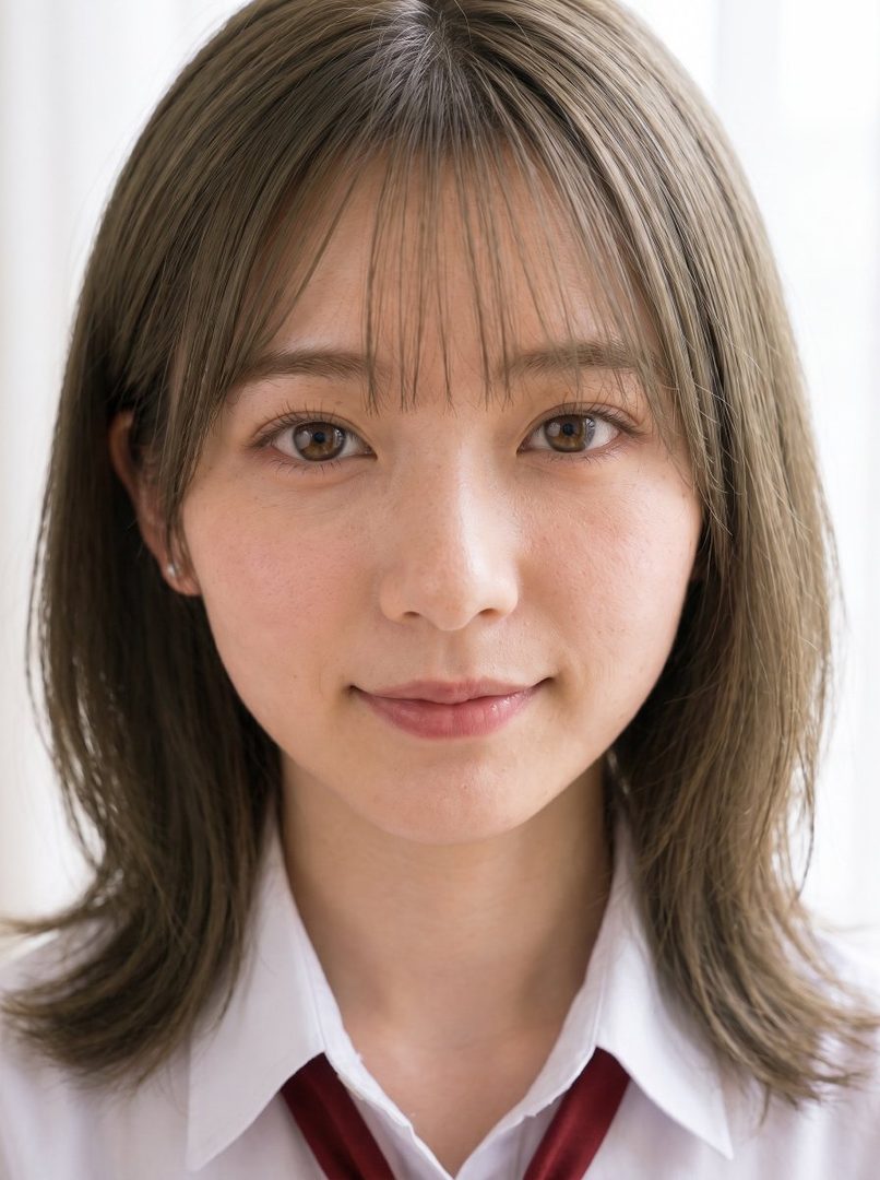 A close-up portrait of a young woman with brown hair and bangs, wearing a white blouse and a red tie, smiling gently at the camera.