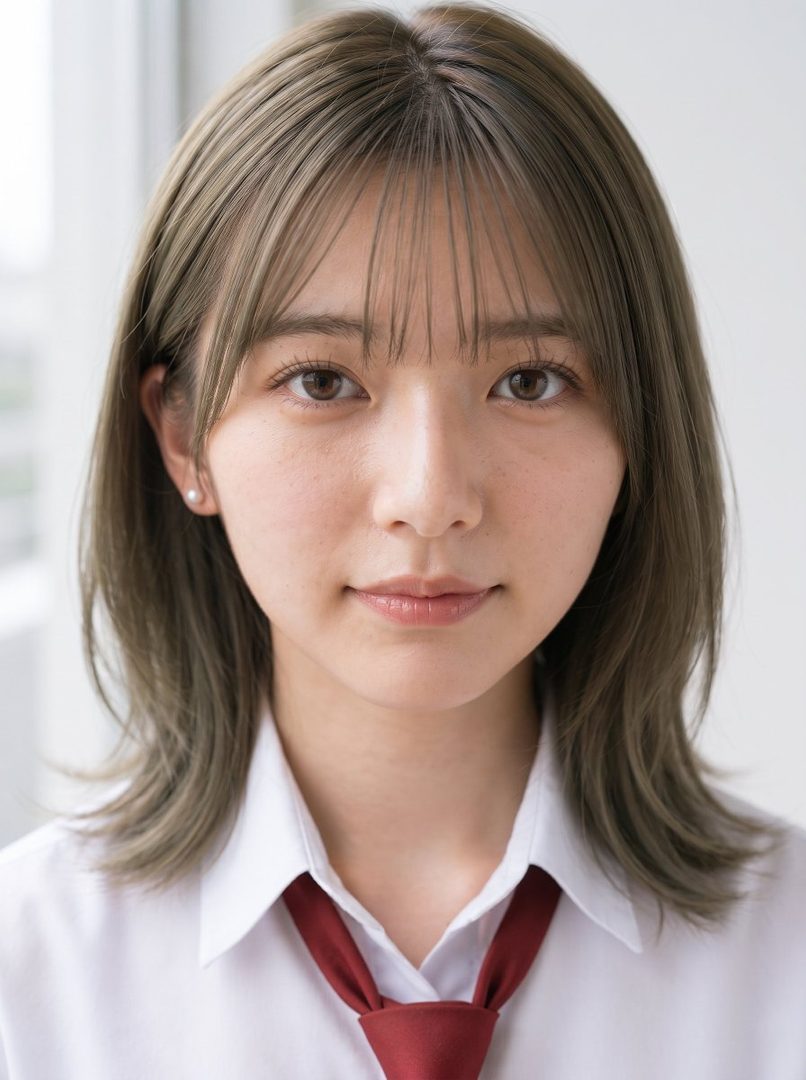 A photorealistic portrait of a young woman with short brown hair and bangs, wearing a white shirt and a red tie, looking directly at the camera.