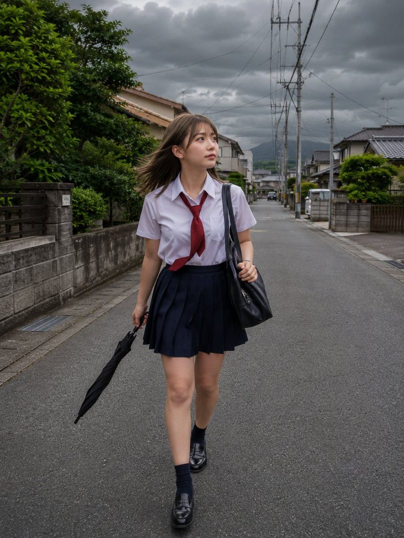 A young woman in a Japanese school uniform walks down a residential street on an overcast day, holding a closed umbrella.