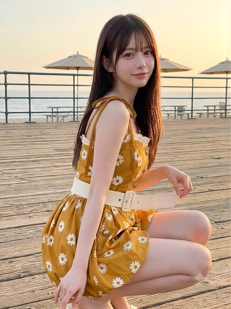A young woman with long brown hair and bangs, wearing a yellow daisy-print dress, crouches on a wooden pier at golden hour with the ocean in the background.