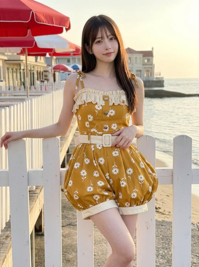 A young woman with long brown hair and bangs, wearing a yellow daisy-print romper, stands by a white fence on a beach at golden hour.