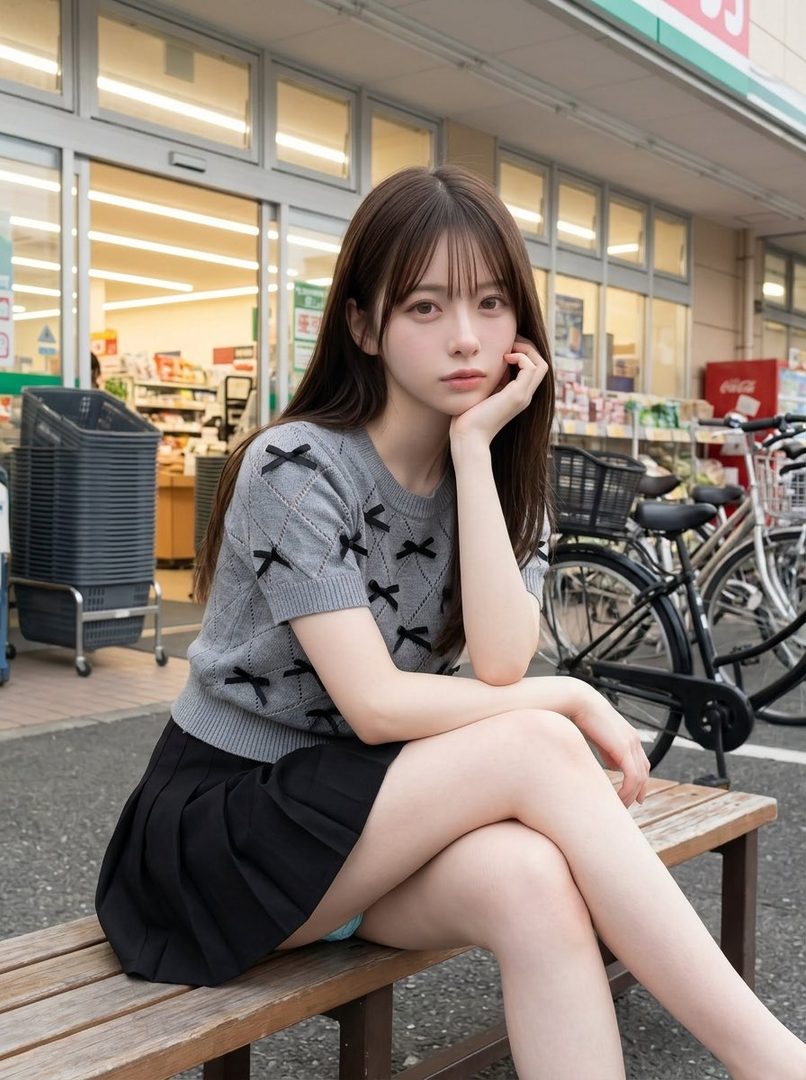 A young woman with long brown hair and bangs, wearing a grey knit top and black pleated skirt, sits on a bench outside a convenience store.