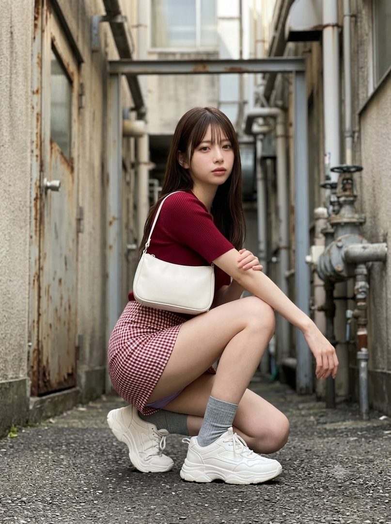 A young woman with long brown hair and bangs, wearing a red top and a checkered mini skirt, squats in a narrow alleyway.