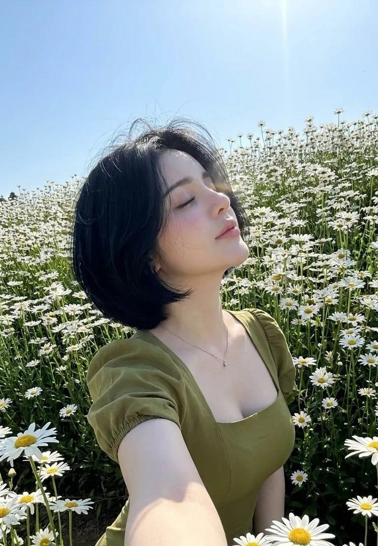 A woman with short black hair and a green dress takes a selfie in a field of white daisies under a clear blue sky.