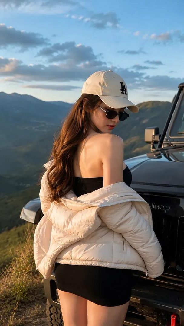A woman in a black mini dress and cream puffer jacket stands next to a Jeep in a mountainous landscape during golden hour.