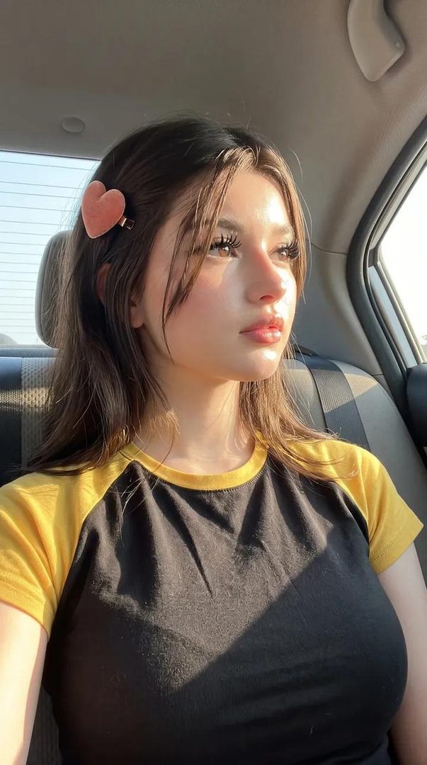 A young woman with brown hair and a heart-shaped clip sits in a car, illuminated by golden sunlight.