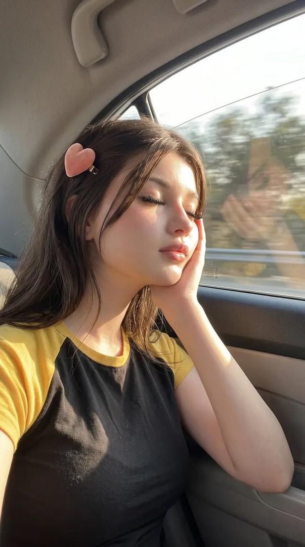 A young woman with long brown hair and a heart-shaped clip in her hair, sitting in a car bathed in warm golden sunlight.