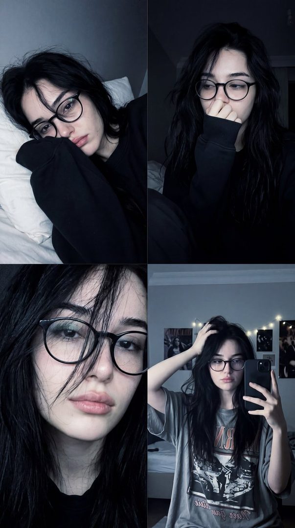 A 2x2 grid collage featuring a young woman with long black hair and glasses in various candid poses in a dimly lit bedroom, including a mirror selfie.