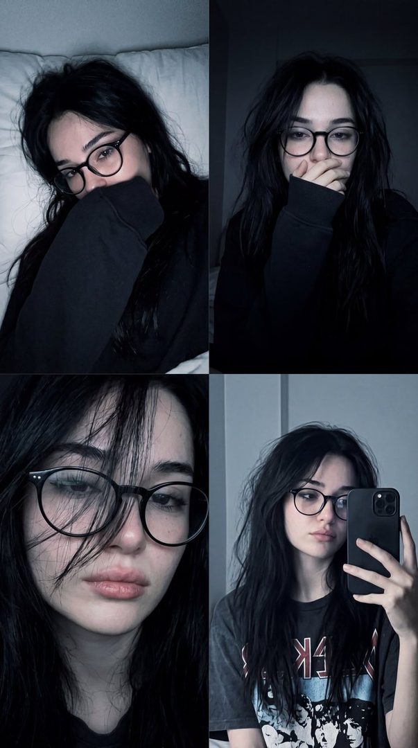 A collage of four photorealistic portraits of a young woman with long black hair and glasses in a dark, moody bedroom setting.