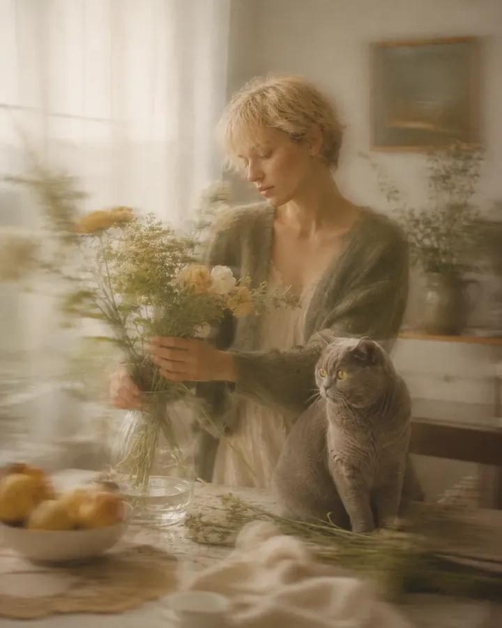 A blonde woman in a knitted cardigan arranges flowers in a vase on a table, with a grey cat sitting beside her.