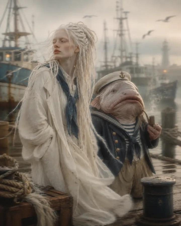 A woman with white dreadlocks and a blob fish creature in a sailor outfit stand on a dock with ships in the background.