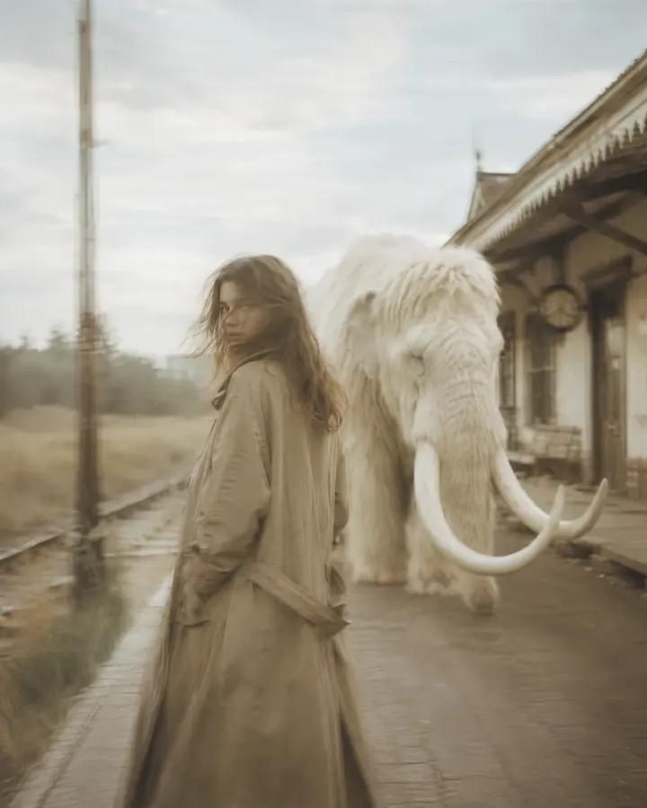 A woman in a trench coat looks back over her shoulder while walking on a train platform with a white woolly mammoth behind her.
