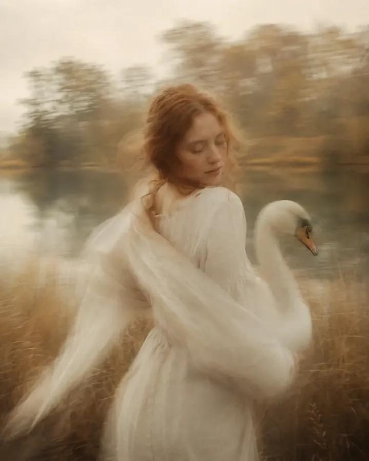 A woman with red hair in a white dress stands outdoors with a swan, captured in a dreamy, soft-focus photograph.