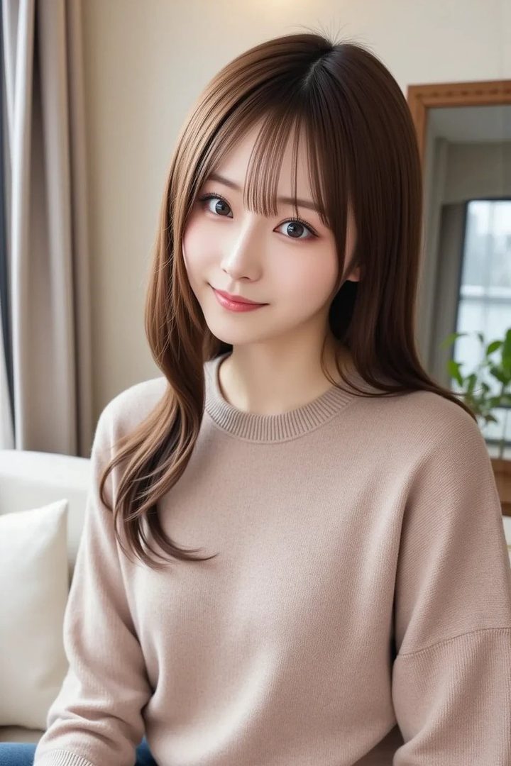A photorealistic portrait of a young woman with long brown hair and bangs, wearing a beige sweater, smiling gently indoors.