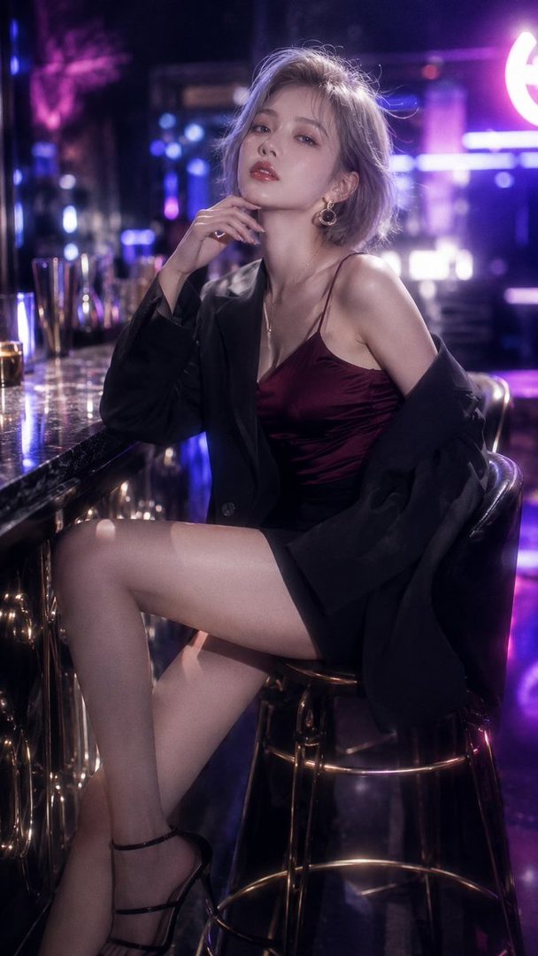 A woman with short silver hair and a burgundy camisole under a black suit jacket sits at a bar with neon lights in the background.