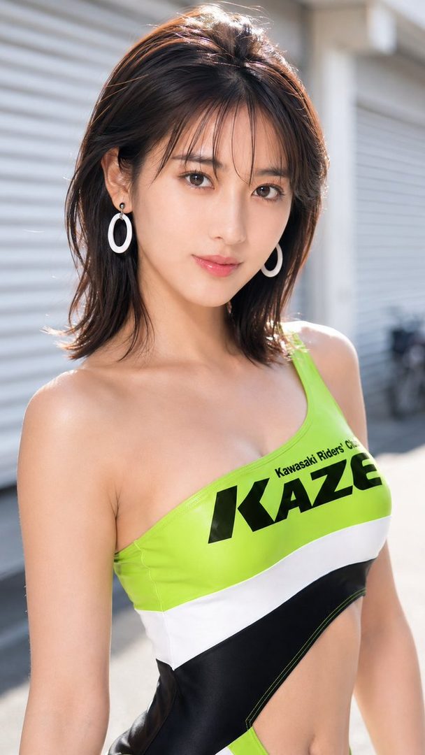 A photorealistic AI-generated portrait of a Japanese race queen in a green, black, and white one-shoulder swimsuit.