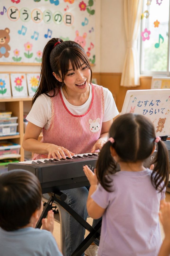 A smiling Japanese woman with black hair in a ponytail and bangs, wearing a pink checkered apron, plays a keyboard for two young children in a brightly lit classroom.