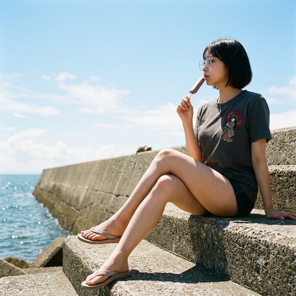 A young woman with short black hair and glasses sits on concrete steps by the ocean, eating an ice cream bar on a sunny day.