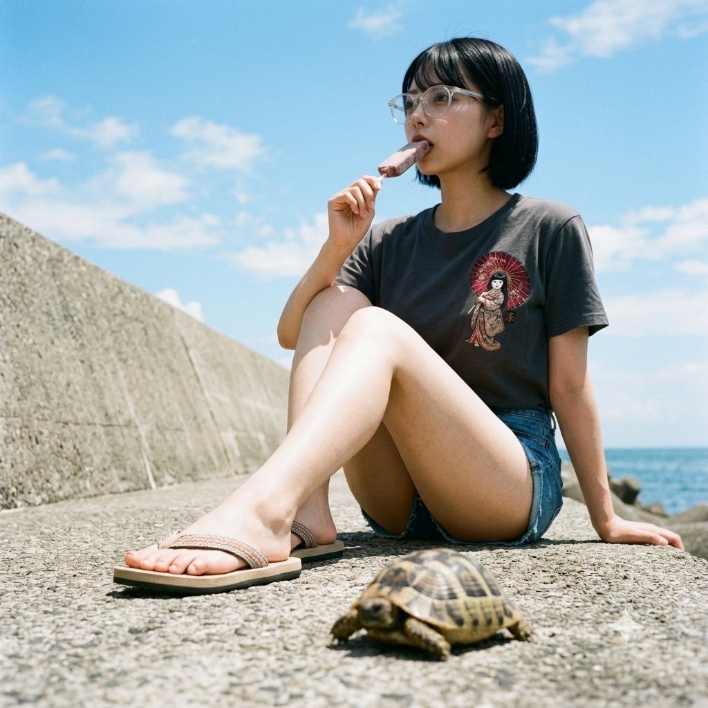 A young woman with short black hair and glasses sits outdoors by the sea, eating a popsicle, with a small turtle nearby.