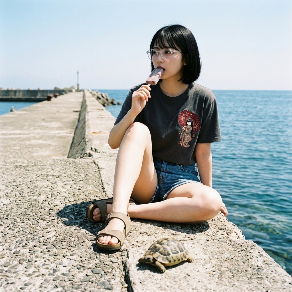 A young woman with short black hair and glasses sits on a concrete pier by the sea, eating a popsicle, with a small turtle nearby.