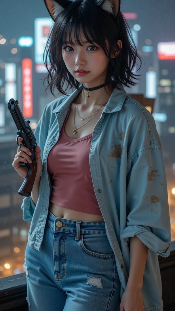 A photorealistic portrait of a young woman with black hair and cat ears, wearing a light blue jacket, pink crop top, and ripped jeans, holding a gun against a blurred city night background.