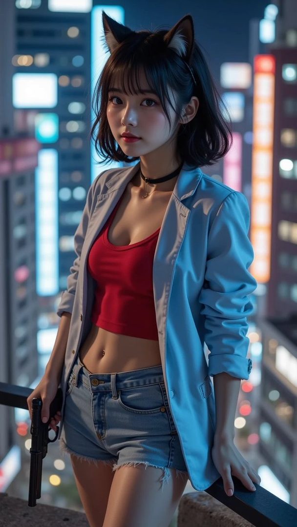 A young woman with cat ears, black hair, a red crop top, and denim shorts stands on a balcony overlooking a city at night, holding a gun.
