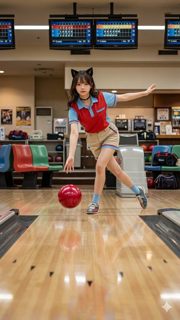 A young woman with cat ears is bowling in an indoor alley, wearing a red and blue polo shirt with khaki shorts.