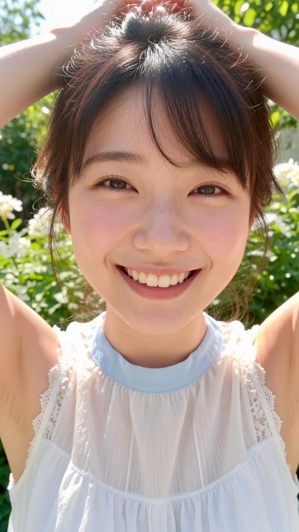 A young woman with brown hair and bangs smiles brightly at the camera, wearing a white and light blue top, with green foliage and white flowers in the soft-focus background.