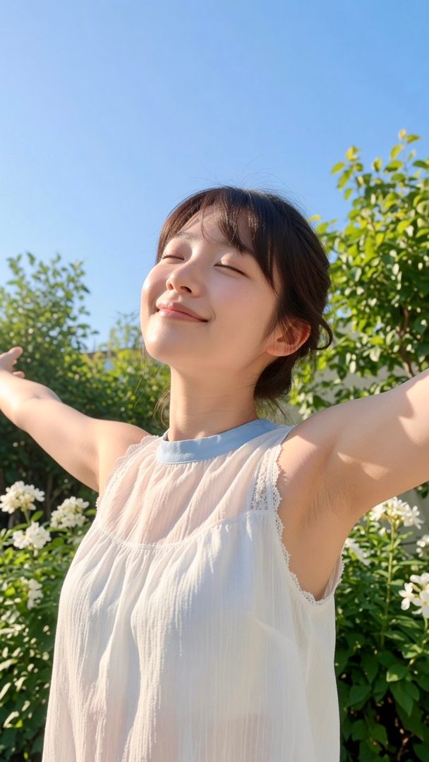 A young woman with her eyes closed and arms outstretched, enjoying the sunshine outdoors.