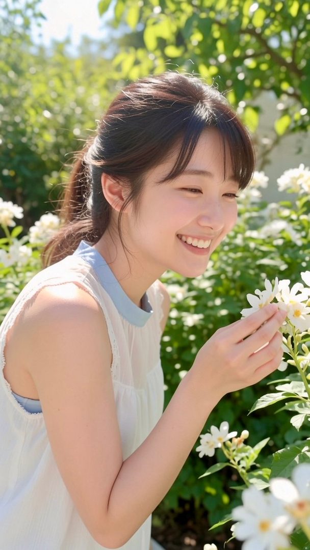 A young woman with a ponytail and bangs smiles while gently touching white flowers in a sunny outdoor setting.