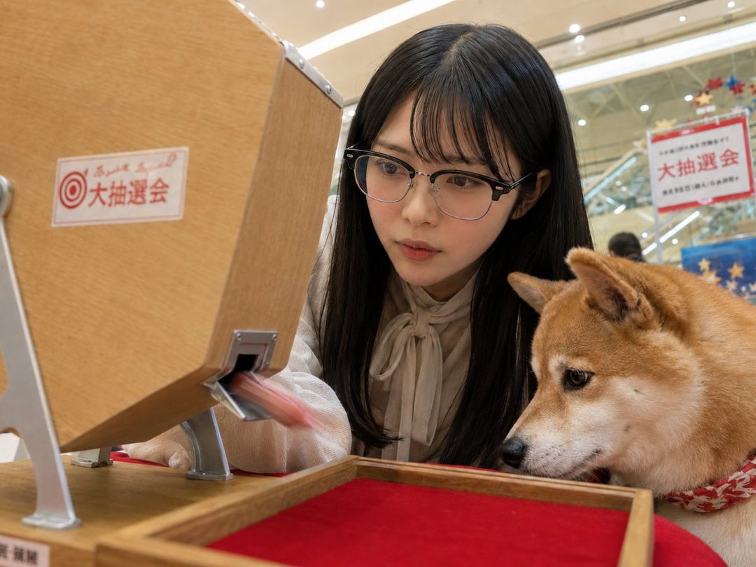 A young woman with long black hair and glasses is looking intently at a lottery machine, with a Shiba Inu dog beside her.