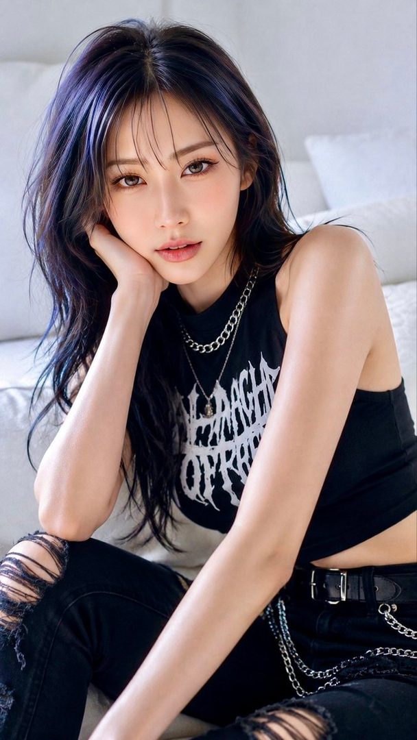 A photorealistic portrait of a young woman with long dark hair and purple highlights, wearing a black graphic tank top and ripped jeans, sitting indoors.