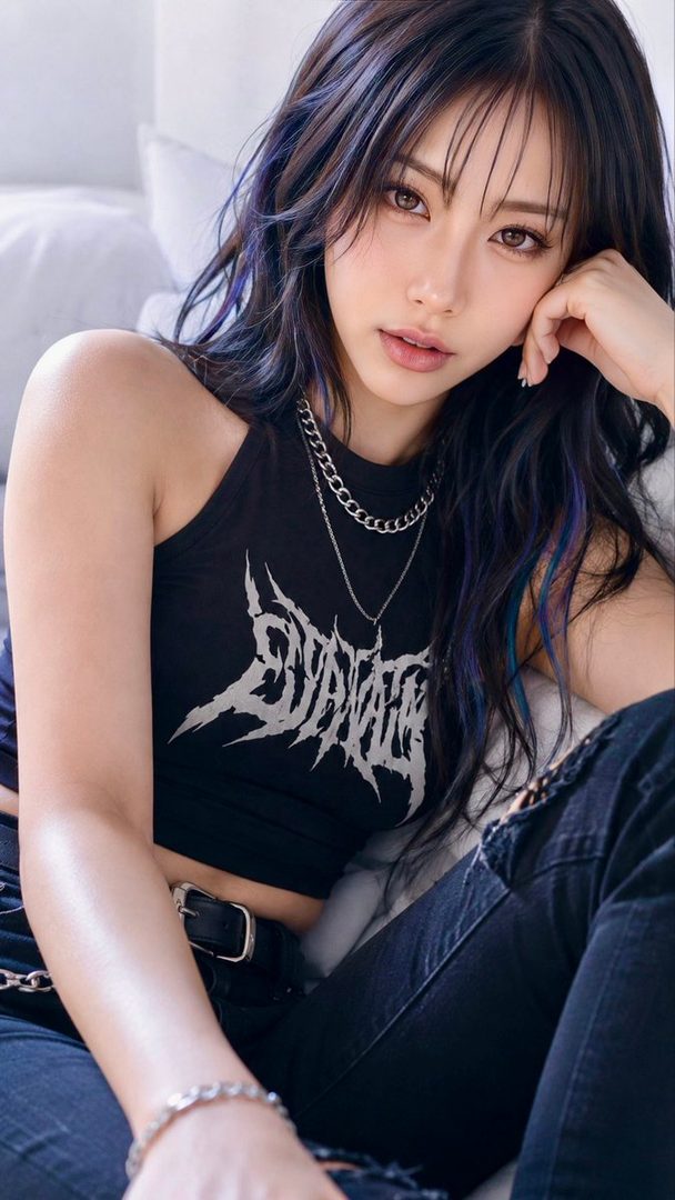 A photorealistic portrait of a woman with long dark hair and blue streaks, wearing a black crop top with a graphic design and ripped jeans, looking directly at the camera.