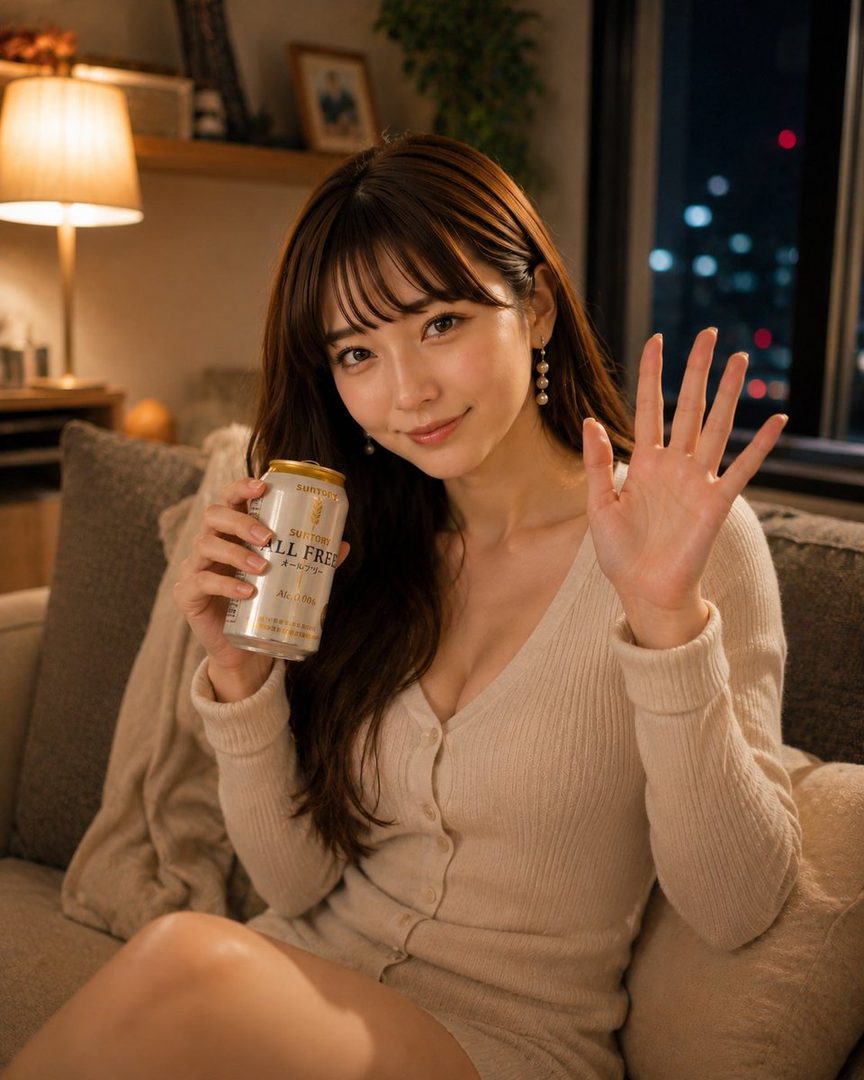 A photorealistic portrait of a Japanese woman with long brown hair and bangs, wearing a light-colored knit top, sitting indoors at night and holding a can, with city lights visible outside a window.