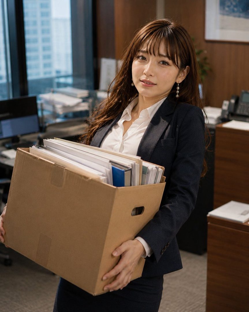 A Japanese woman in a business suit holds a cardboard box filled with documents in an office setting.