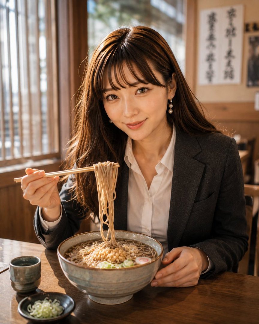 A young woman with long brown hair and bangs, wearing a suit jacket, smiles while eating a bowl of soba noodles with chopsticks in an indoor setting.