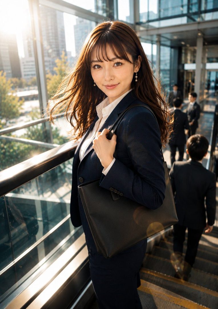A beautiful woman in a business suit stands on an escalator in a modern city building, looking at the camera with a gentle smile.