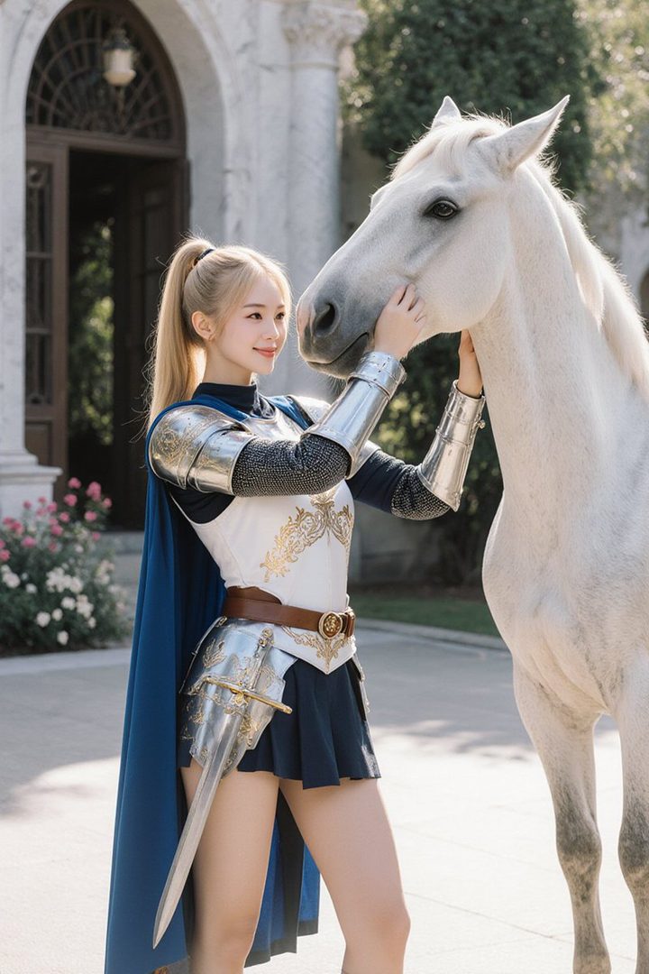 A blonde woman in knight armor and a blue cape gently pets a white horse outdoors in front of a grand building.
